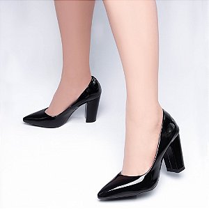 Sapato Salto Grosso Scarpin Salto Alto Preto Conforto Luxo