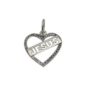 Pingente de prata 925 envelhecida coração vazado Jesus
