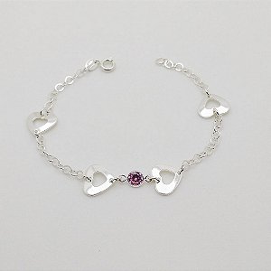 Pulseira de prata 925 coração vazado pedrinha rosa