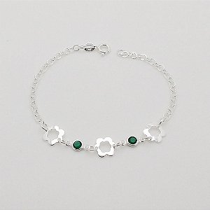 Pulseira de prata 925 flor vazada pedrinha verde
