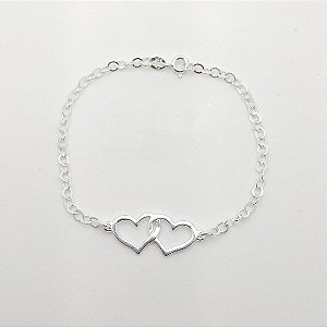 Pulseira de prata 925 corrente elos redondo dois corações