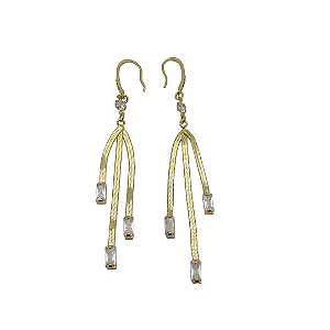 Brincos Gancho Banhado a Ouro 18k Corrente 3 Lâmina Pedra Zircônia Cristal