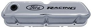 302-071 - TAMPA DE VALVULA CROMADA COM LOGO FORD RACING EM PRETO, PAR