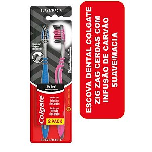Escova de Dentes Macia Zig Zag Charcoal Carvão Colgate Pack com 2