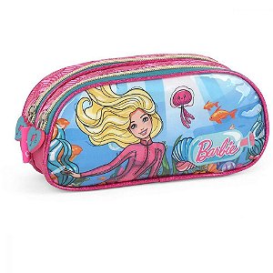 Estojo Tecido Barbie Médio 2 Zíperes Azul Luxcel