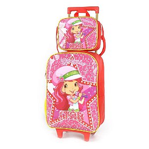 Kit Mochila de Carrinho e Lancheira Moranguinho Luxcel Verme
