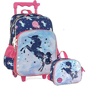 Kit Mochila de Carrinho e Lancheira Unicórnio Up4You Azul