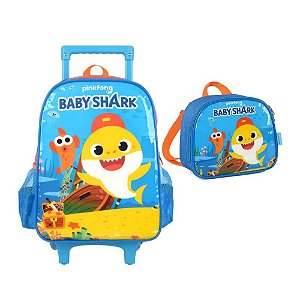 Kit Mochila de Carrinho Lancheira Baby Shark Luxcel Vermelho