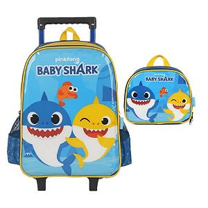 Kit Mochila de Carrinho Lancheira Baby Shark Luxcel Amarelo