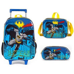 Kit Mochila de Carrinho Lancheira Estojo Batman Luxcel Azul