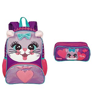 Kit Mochila Escolar Média E Estojo Cat Sestini Colorido