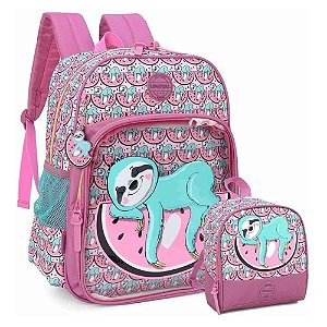 Kit Mochila e Lancheira Bicho Preguiça  Melancia Up4You Rosa