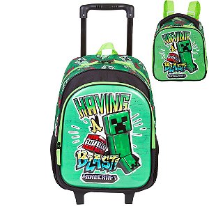 Kit Mochila de Rodinhas e Lancheira Sestini Minecraft Verde
