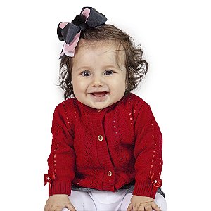 Casaco de Bebê Tricô Kids Com Fita e Laços Vermelho