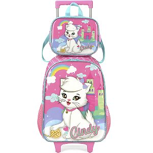 Kit Mochila de Rodinhas Lancheira Luxcel Cindy Rosa