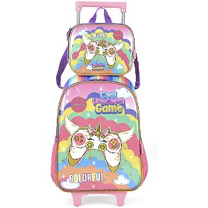 Kit Mochila de Rodinhas Lancheira Luxcel Up4You Game Rosa
