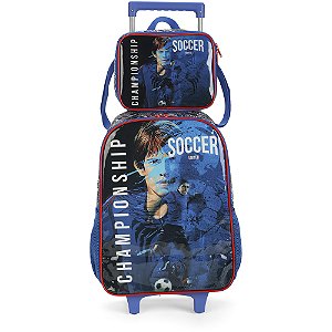 Kit Mochila de Rodinhas Lancheira Luxcel Futebol Azul