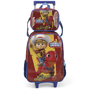 Kit Mochila de Rodinhas Lancheira Luxcel Dino Ranch Vermelho