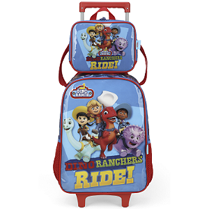 Kit Mochila de Rodinhas Lancheira Luxcel Dino Ranch Azul