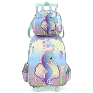 Kit Mochila Rodinhas Lancheira Luxcel Up4You Cavalo Marinho