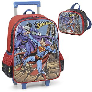 Kit Mochila Rodinhas Lancheira Luxcel Superman Azul