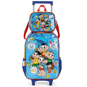 Kit Mochila Rodinhas Lancheira Luxcel Turma da Mônica Azul