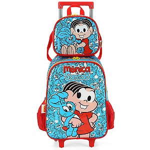 Kit Mochila Rodinhas Lancheira Luxcel Turma da Mônica Azul