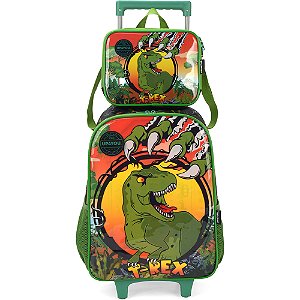 Kit Mochila de Rodinhas Lancheira Luxcel Up4You T-Rex Verde