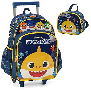 Kit Mochila de Rodinhas Lancheira Luxcel Baby Shark Azul