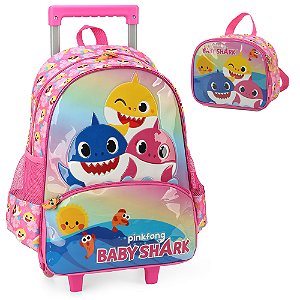 Kit Mochila de Rodinhas Lancheira Luxcel Baby Shark Pink