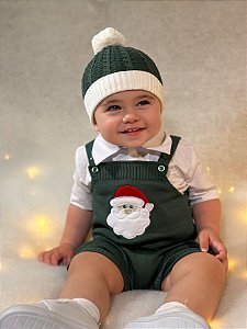 Jardineira Romper Natal Papai Noel Verde
