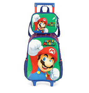 Kit Mochila de Rodinhas Lancheira Luxcel Super Mário Verde