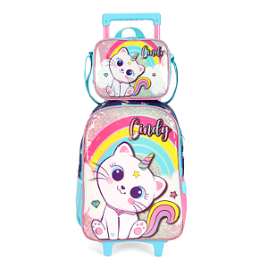 Kit Mochila Rodinhas Lancheira Luxcel Cindy Azul