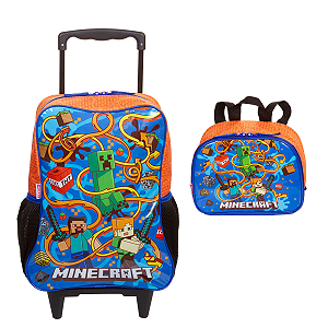 Kit Mochila Rodinha Lanheira Sestini Minecraft Laranja Azul
