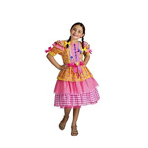 Vestido Junino Bambolê Floral Com Calção Amarelo e Rosa