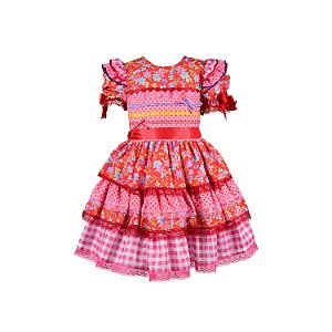 Vestido Junino Bambolê Floral Com Calção Vermelho e Rosa