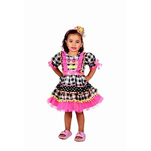 Vestido Junino Bambolê Fluor Com Babado Pink Tiara Colorido