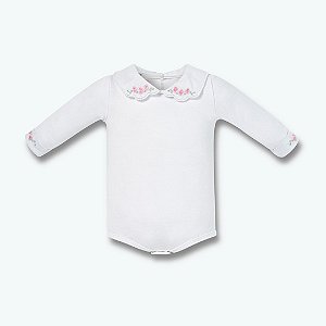 Body Longo Hug Com Gola Bordada Flores Branco