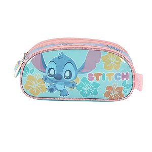 Estojo Escolar Triplo Luxcel Stitch Aloha Azul Turquesa