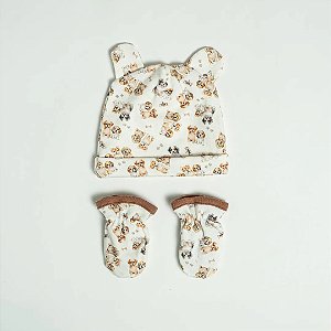 Kit Hug Touca E Luva Doguinhos Marrom Café