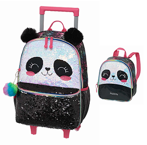 Kit Mochila de Rodinhas Lancheira Pacific PackMe Panda Preto