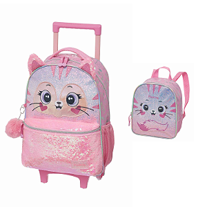 Kit Mochila de Rodinhas Lancheira Pacific PackMe Kitten Rosa