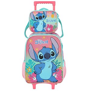 Kit Mochila Rodinha Lancheira Luxcel Stitch Floral Rosa