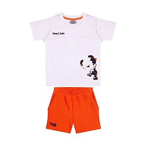 Conjunto Curto Tigor T Tigre Camiseta Bermuda Branco Laranja