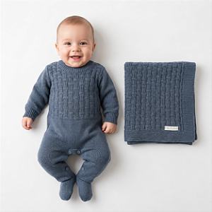 Kit Macacão e Manta Tricô Kids Quadriculada Azul Mescla