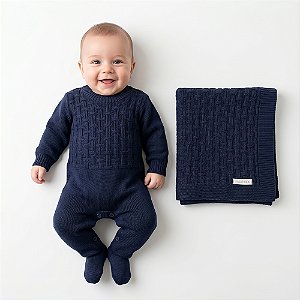 Kit Macacão e Manta Tricô Kids Quadriculada Azul Marinho