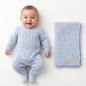 Kit Macacão e Manta Tricô Kids Quadriculada Azul Claro