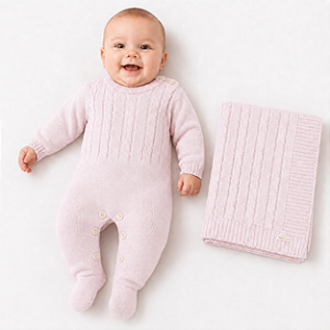 Kit Macacão e Manta Tricô Kids Trança e Canelado Rosa Claro