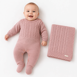 Kit Macacão e Manta Tricô Kids Trança e Canelado Rosa Antigo