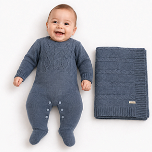 Kit Macacão Manta Tricô Kids Trança Assimétrica Azul Mescla